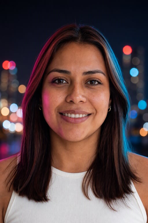 La misma mujer en un retrato nocturno en magenta y cian hecho por Visio AI