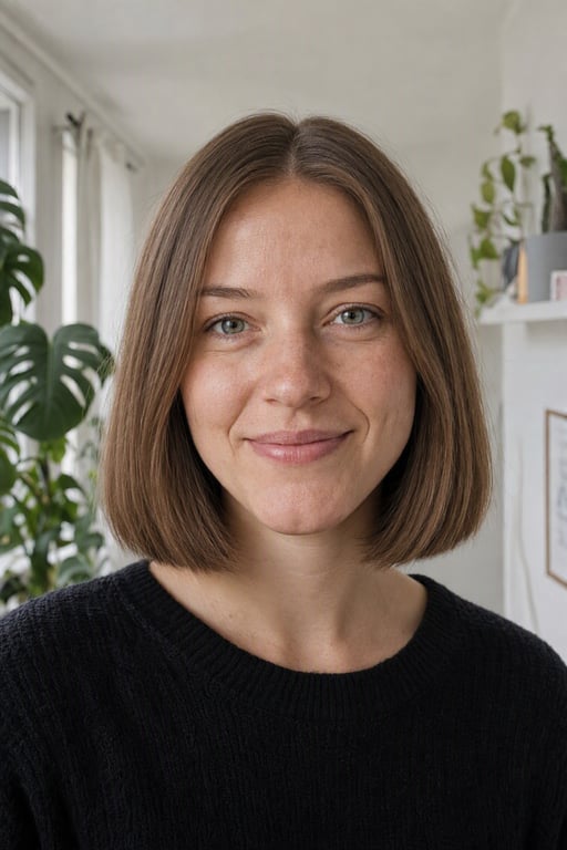 Dieselbe Frau mit kinnlangem Bob, gerendert von Visio AI