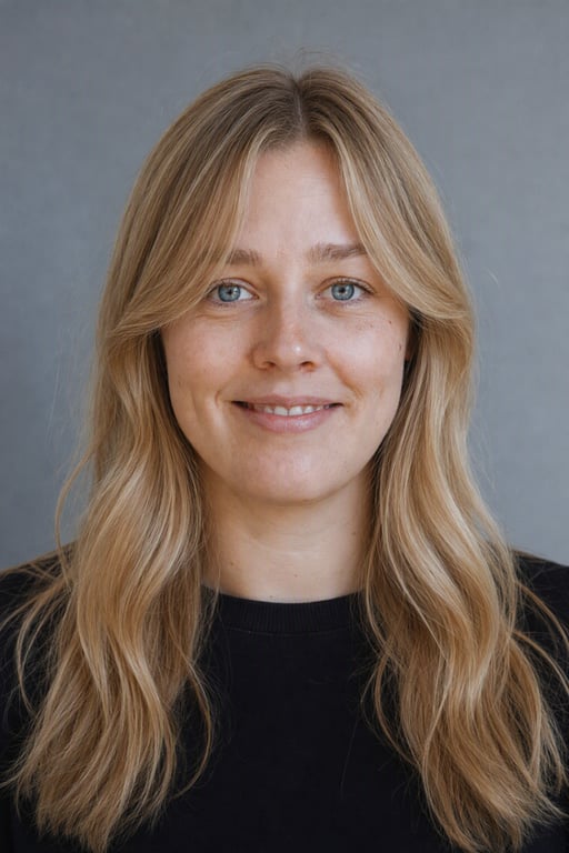 Samme kvinde med delt pandehår, der rammer ansigtet ind, gengivet af Visio AI