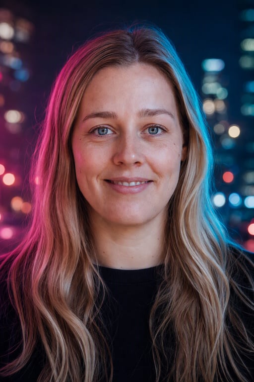 Cinematisk: Magenta som hovedlys, cyan som kant, bylys i baggrunden