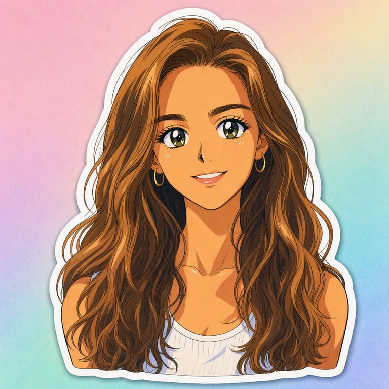 La même femme redessinée en autocollant anime des années 90 par Visio AI