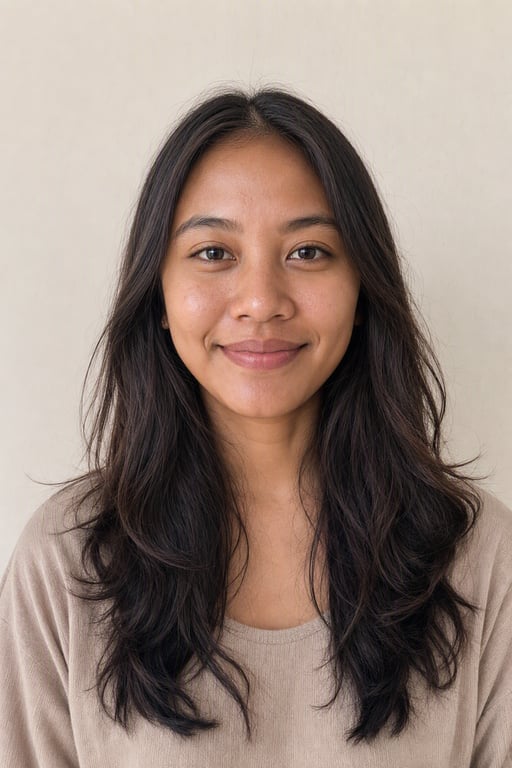 Perempuan yang sama dengan rambut panjang berlayer hasil render Visio AI