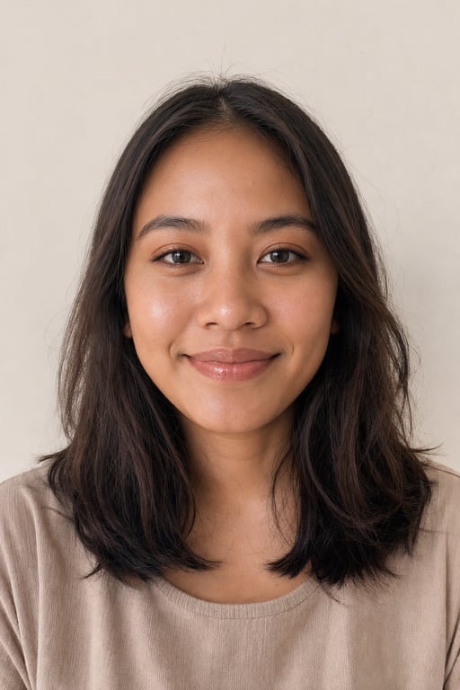 Perempuan yang sama dengan riasan soft glam hasil render Visio AI