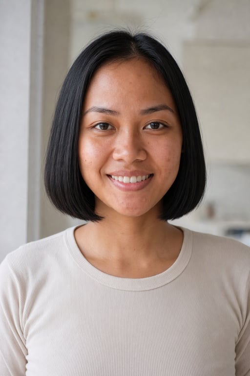 Perempuan yang sama dengan potongan bob sedagu hasil render Visio AI