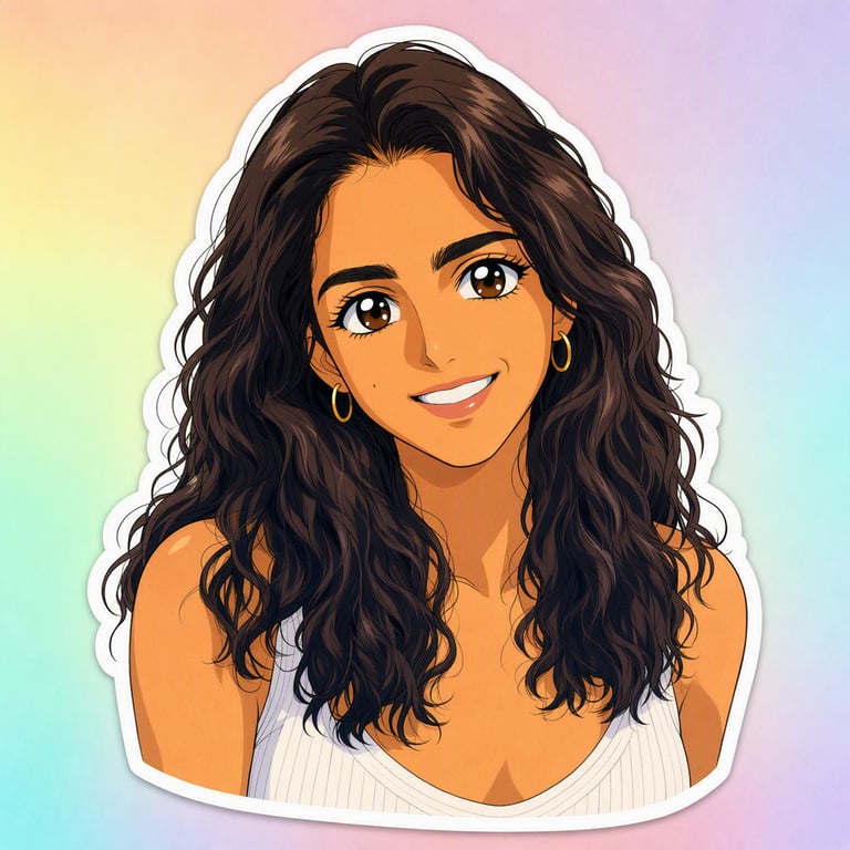 אותה אישה כסטיקר אנימה בסגנון שנות התשעים, צויר ב-Visio AI