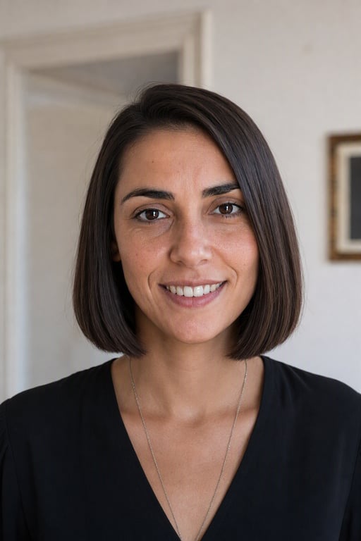 La stessa ragazza con un caschetto pari all'altezza della mandibola generato da Visio AI