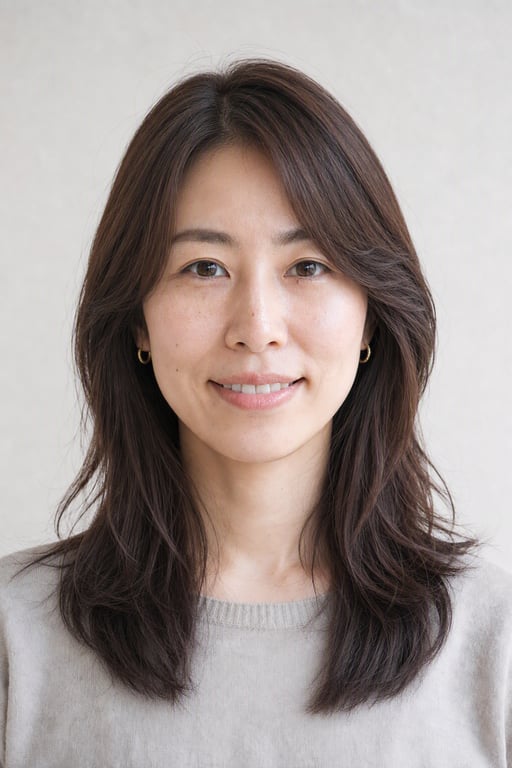 同じ女性がVisio AIでカーテンバングの前髪に変わった生成画像
