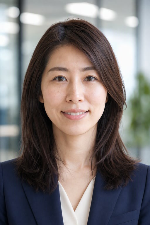 オフィス: ネイビーのジャケット、背景はぼかしたオフィス