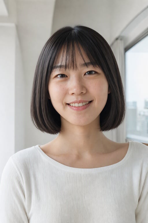 同じ女性がVisio AIで顎ラインの切りっぱなしボブに変わった生成画像