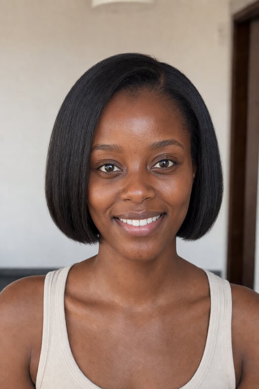 Mwanamke yule yule akiwa na knotless braids ndefu, zilizochorwa na Visio AI juu ya picha yake ile ile