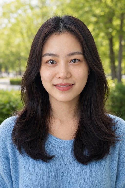 야외: 연한 하늘색 니트, 부드러운 공원 햇살