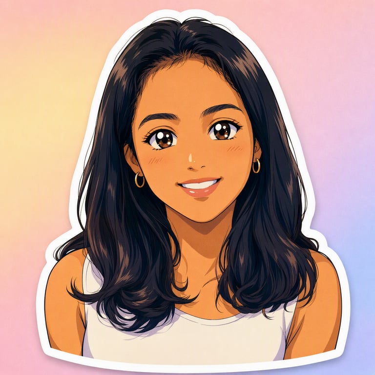 Wanita yang sama dilukis semula sebagai pelekat anime ala 90-an oleh Visio AI