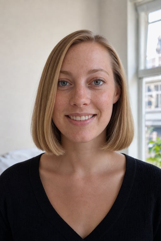 Dezelfde vrouw met een kaaklange bob, gesimuleerd door Visio AI