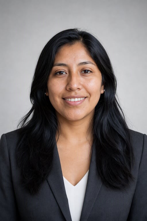 La misma mujer con blazer gris oscuro sobre fondo gris claro de estudio, un retrato profesional generado por Visio AI