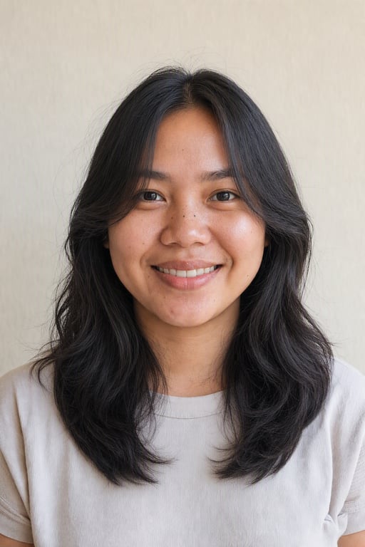 Ang parehong babae na may curtain bangs na pumapalibot sa mukha, ginawa sa Visio AI