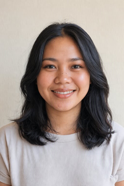Ang parehong babae na may soft glam na makeup, ginawa sa Visio AI