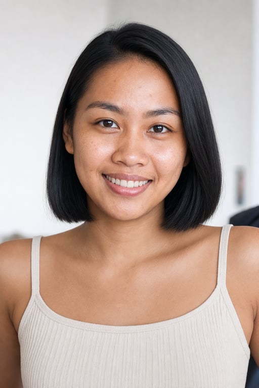 Ang parehong babae na may bob na hanggang baba, ginawa sa Visio AI