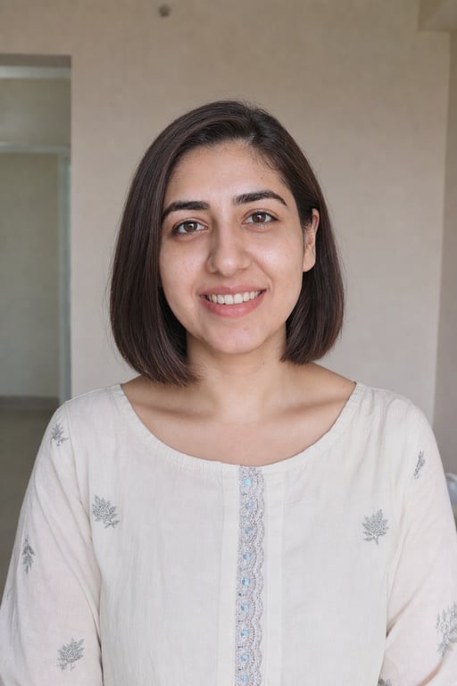 وہی خاتون ٹھوڑی تک کے باب کٹ میں، Visio AI کا بنایا ہوا نتیجہ