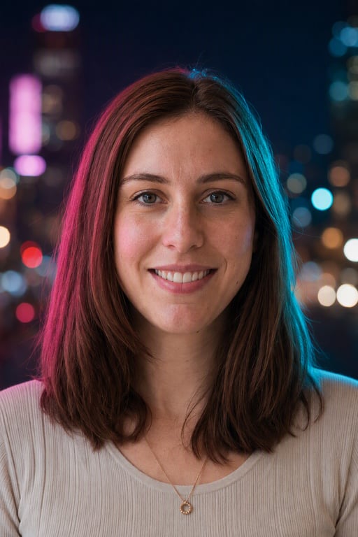 La même femme dans un portrait de nuit magenta et cyan rendu par Visio AI