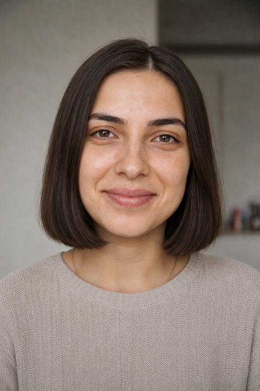 Aceeași femeie cu un bob până la bărbie, randat de Visio AI