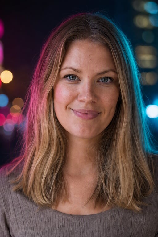 Cinematiskt: Magenta som huvudljus, cyan som kant, stadsljus i bakgrunden