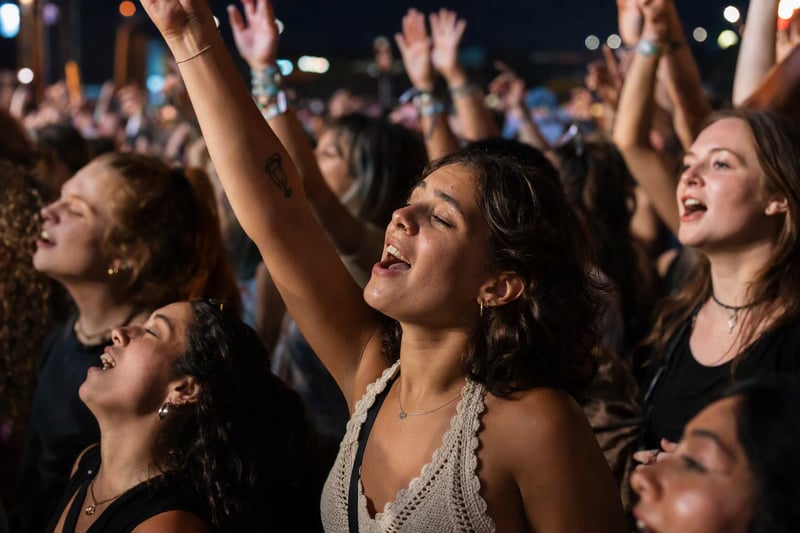 A crowd lit by stage lights with raised hands, blurred and full of colour