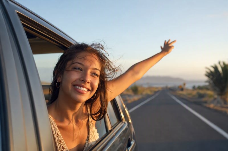Two friends leaning out of a car window on an empty road at low sun