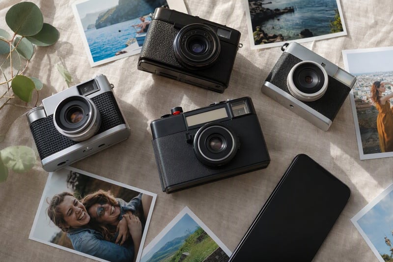 Grid of film-look phone photos showing disposable, digicam and Super 8 styles side by side