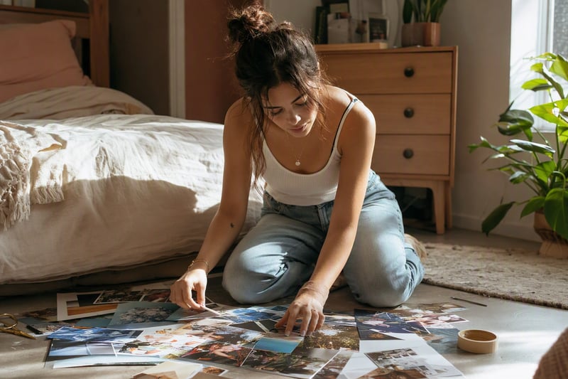 Phone screen showing a collage template layout beside a warm film-toned portrait