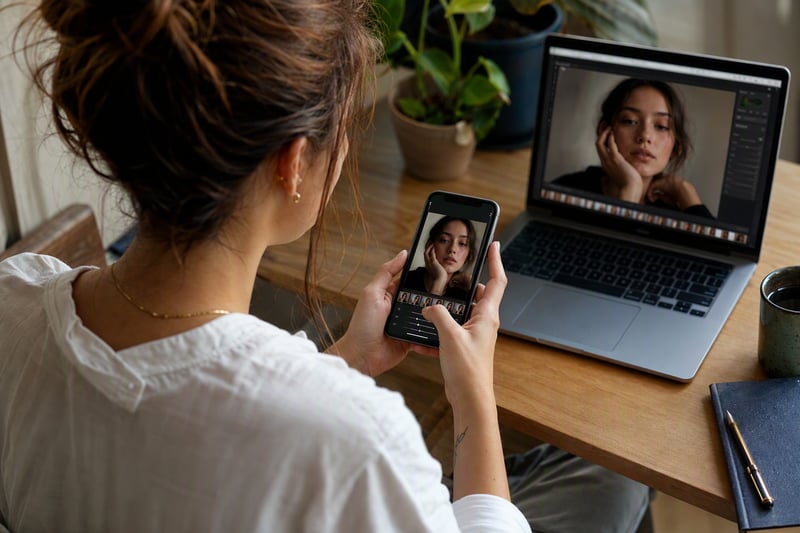 Editing panel open over a portrait, showing tone curve and preset thumbnails