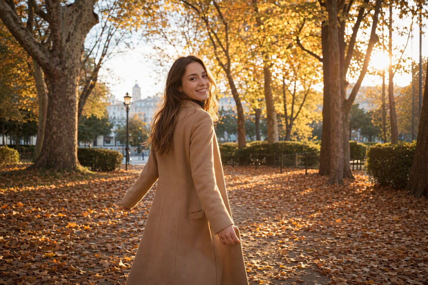 October: leaves, camel coat, low sun