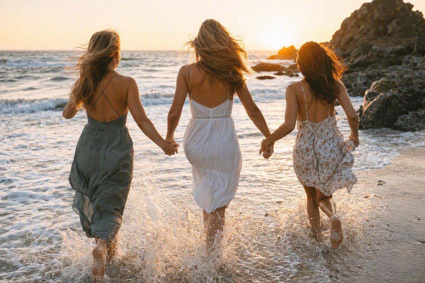 Girls trip, from behind, at golden hour: the photo the whole dump is built around