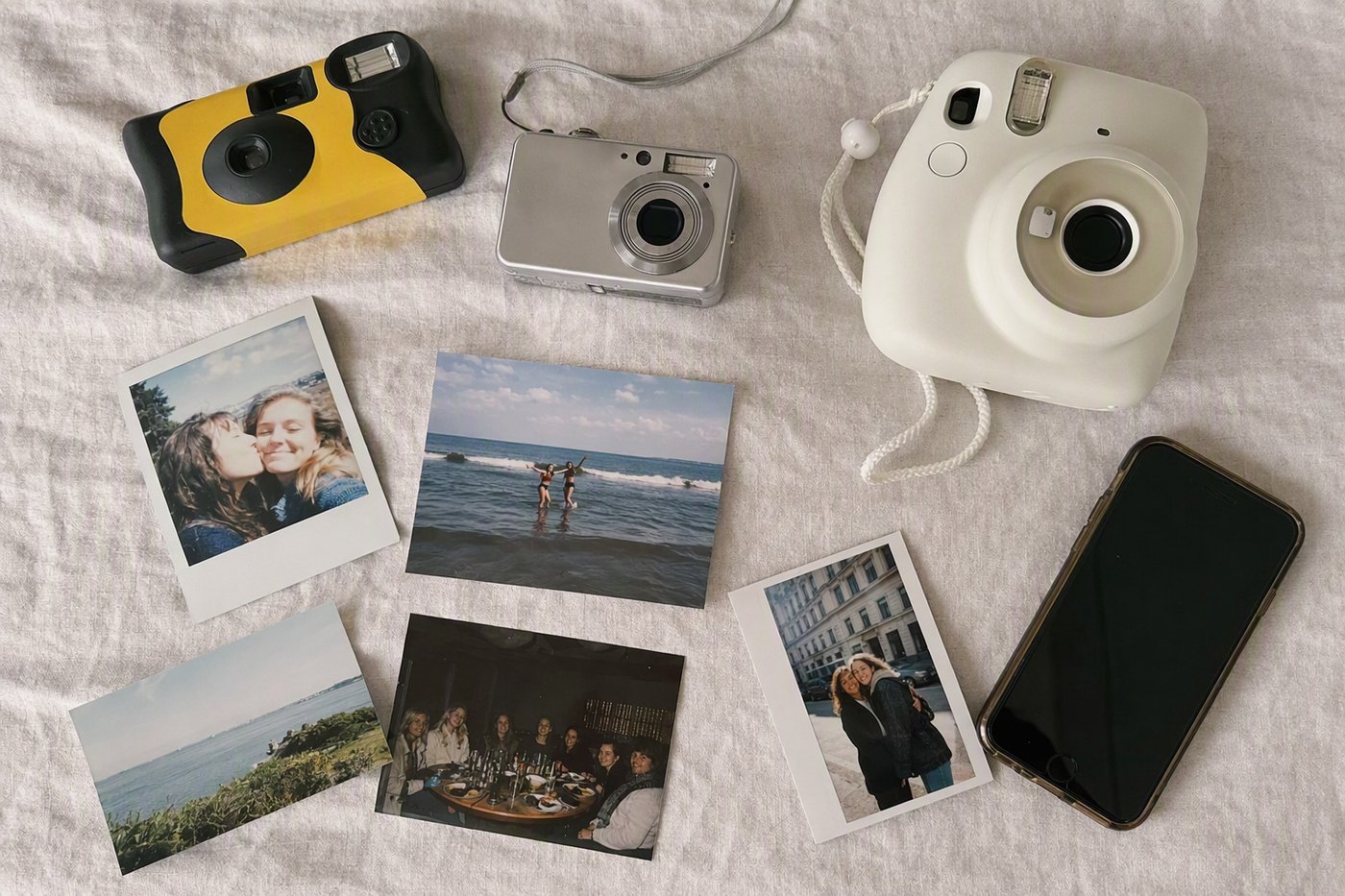 The four looks people mean by 'film': disposable, 2000s digicam, instant, and the phone that now imitates all three