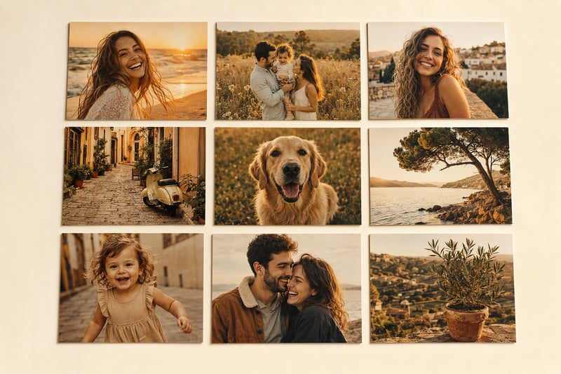 A grid of nine photos shifting from mismatched colours to one matched warm palette