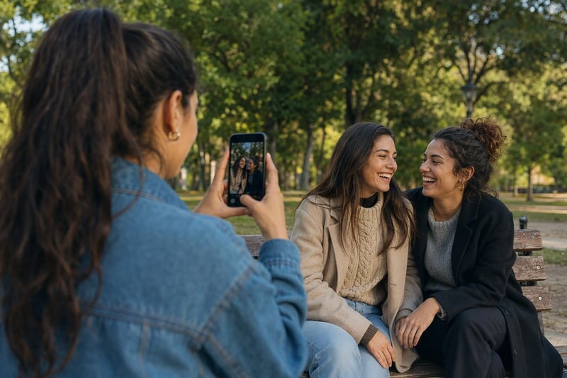 Four friends laughing together outside in warm late afternoon light