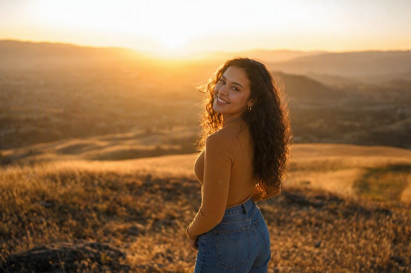 Woman backlit by low sun on a coastal path, hair rimmed with warm light
