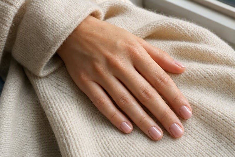 A hand resting on a pale linen surface showing a fresh manicure lit by window light