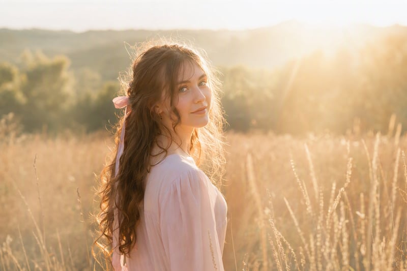 Woman with a ribbon in her hair backlit by low evening sun, soft pink haze