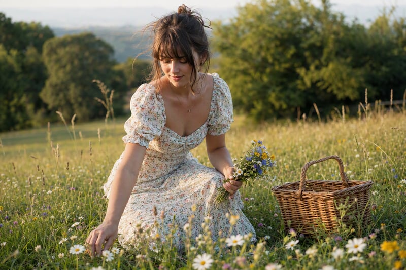 A woman in a long dress walking through tall grass with low sun behind her