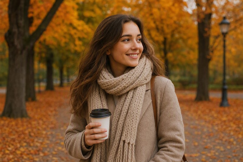Hands in a cable knit jumper holding a mug among fallen leaves in flat light