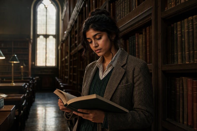 Reading table by a tall library window, wool coat and books in cool shadow