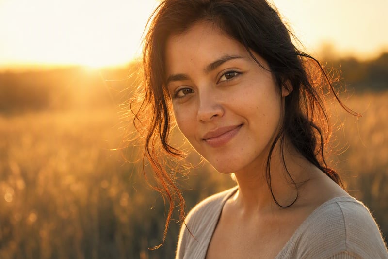 A backlit portrait at sunset with warm rim light glowing through the subject's hair