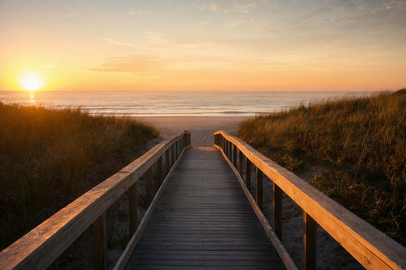 An empty wooden boardwalk running down to the sea at golden hour