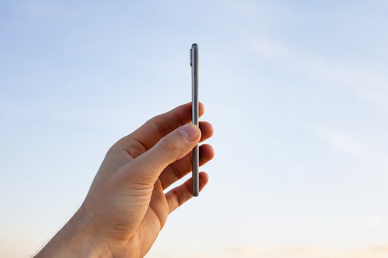 Very thin phone held between two fingers against a plain pale background