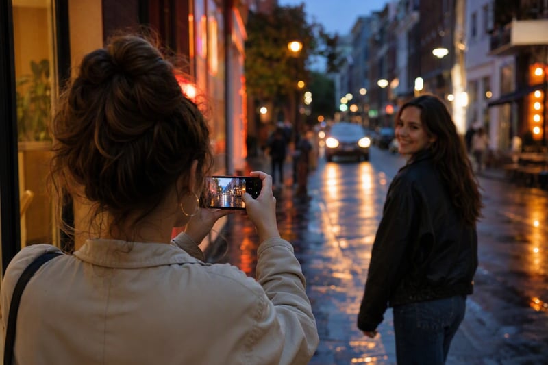 Person filming a friend walking through low evening light on a quiet street