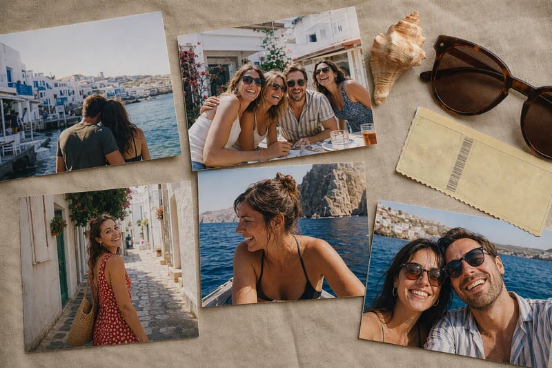 A table covered in printed snapshots of a weekend, coffee cups and a phone