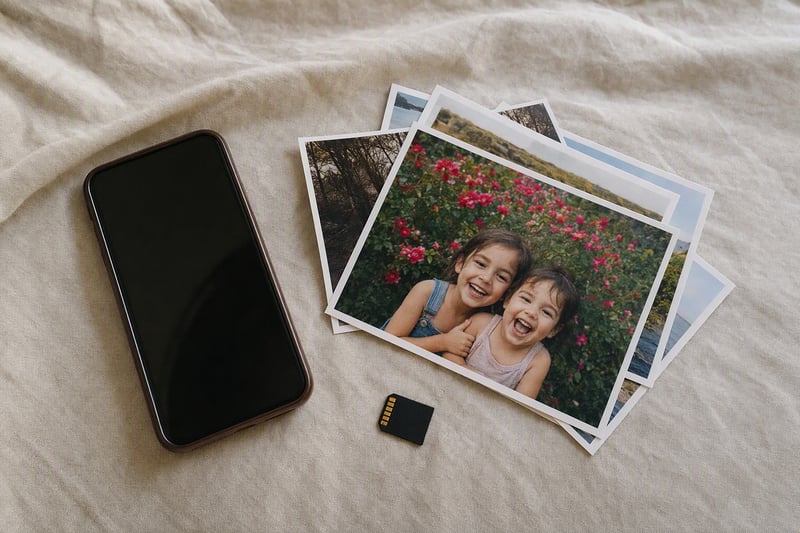 A laptop screen showing a folder of photo files beside an iPhone on a desk