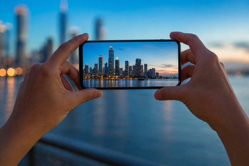 Hands adjusting camera controls on a phone held against a bright window