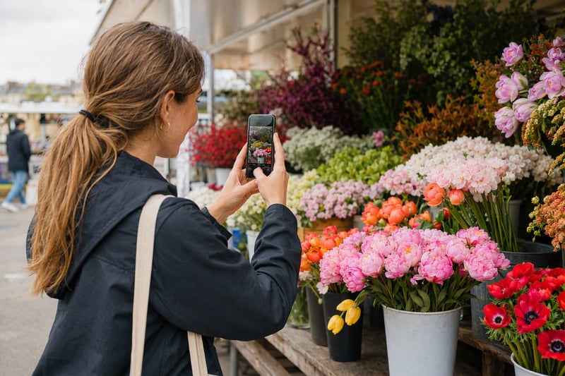 Person framing a shot on a phone viewfinder with a street blurred behind