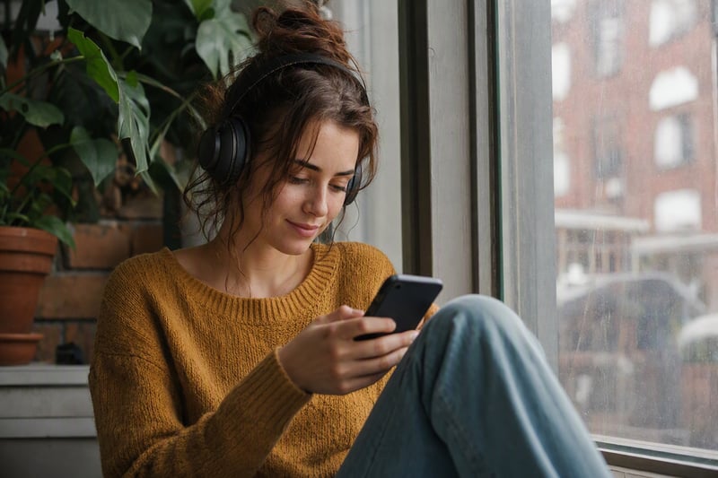 Phone on a table showing a photo with a music track selected, headphones nearby